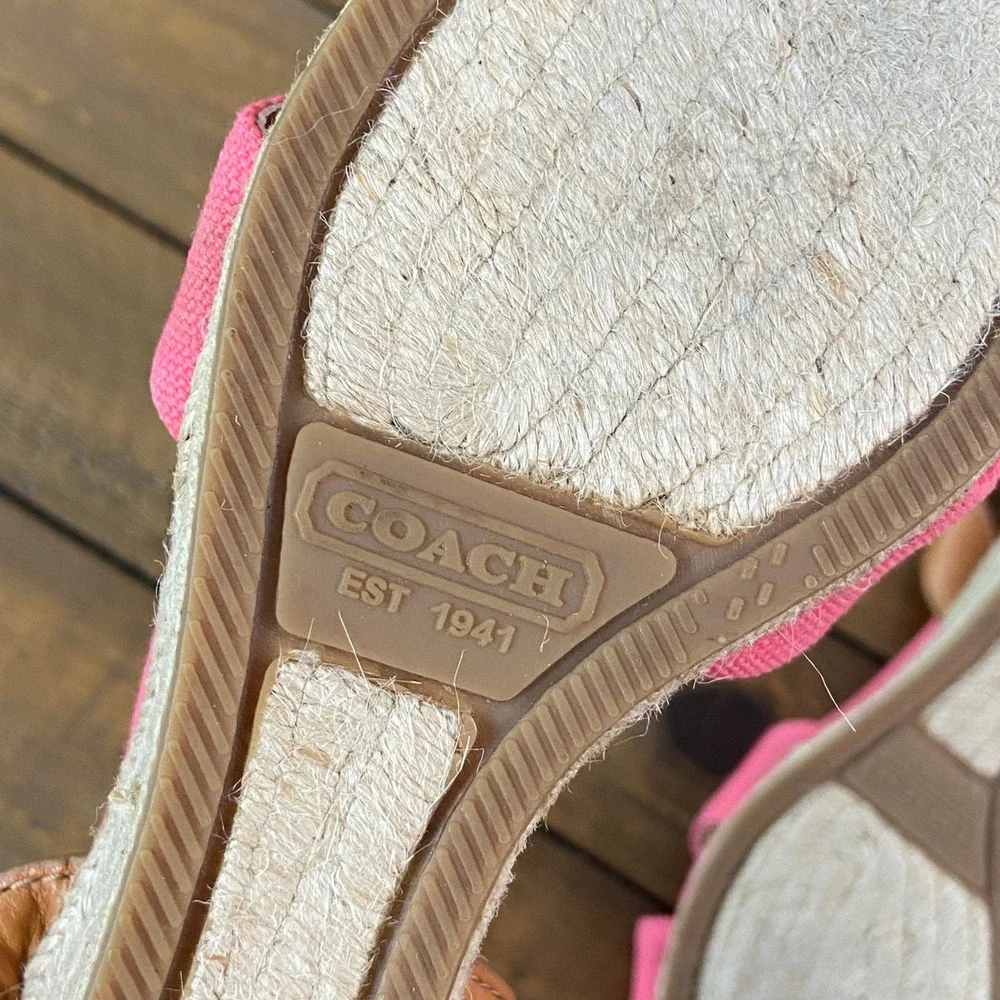 Coach Henley Pink Canvas Espadrille Wedge Sandals Gold Tan Leather Q1897 6B